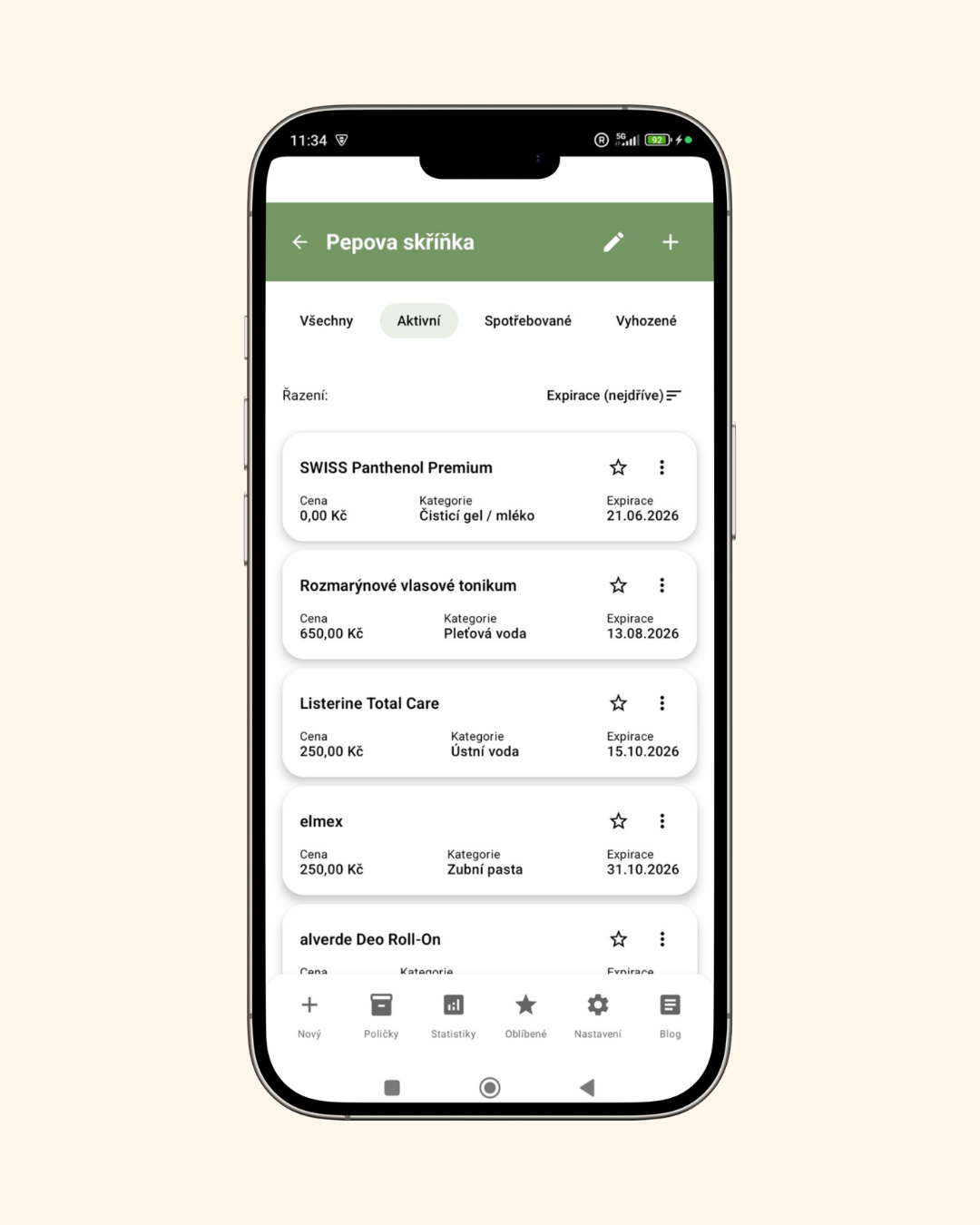 Screenshot aplikace - upozornění na expiraci